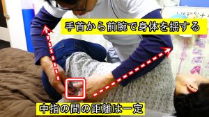 手首から前腕を使って身体を揺すり中指の間の皮膚の距離は一定